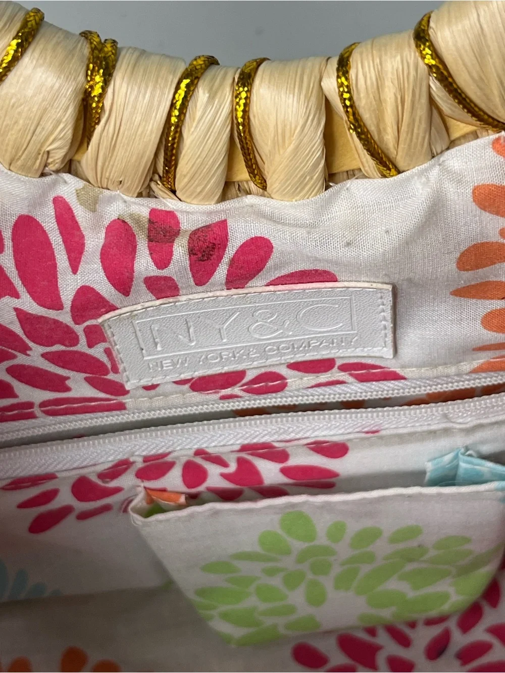 New York & Company Half-Moon Woven Straw & Gold Metallic Circle Handle Tote Bag
